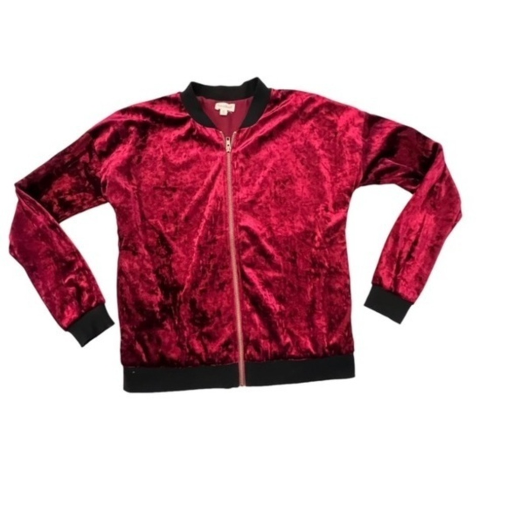 Hem & Thread Burgundy Velvet Full Zip Bomber Jacket Size‎ Medium Soft Casual